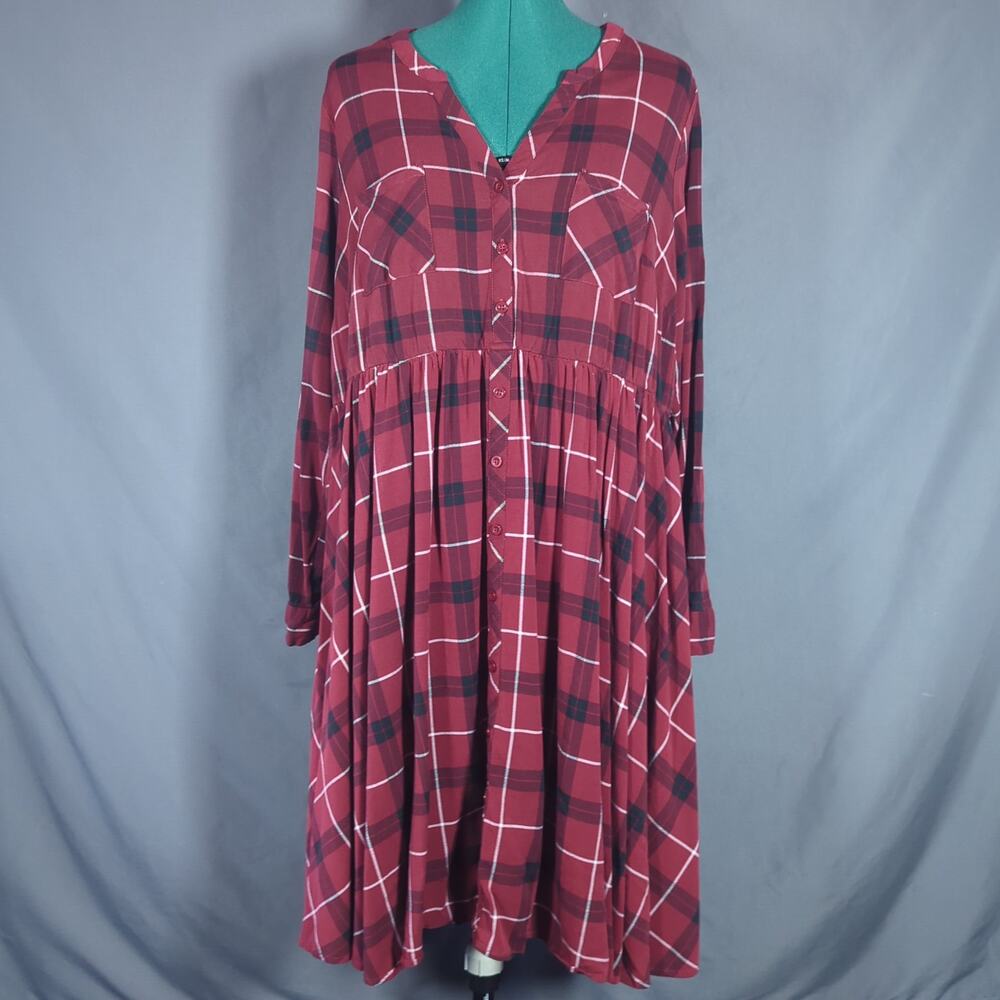 Torrid 2X Burgundy Plaid Dress Long Sleeve Fall